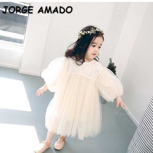 Spring Kids Girls Dresses Solid Color Lantern Sleeves Princess Dress for Party Wedding Piano Perform Clothes E1040 210610