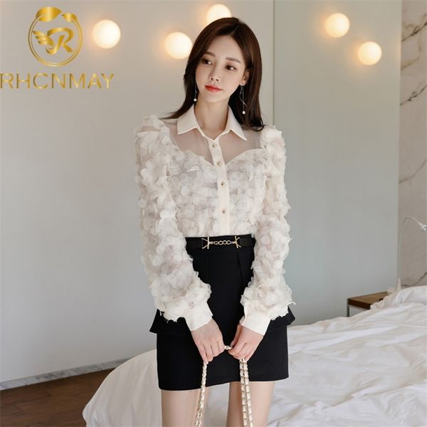 Primavera Edición Coreana Camisa de solapa Temperamento Slim Individual Breasted Pure Color Top + Falda de cintura alta Dos piezas Set 210506
