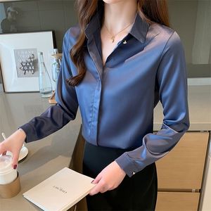 Spring Koreaanse mode Silk Women Blouses Satin Solid Dames Tops and Blouses Plus Maat XXXL Office Lady Long Sleeve Women Shirts 210308