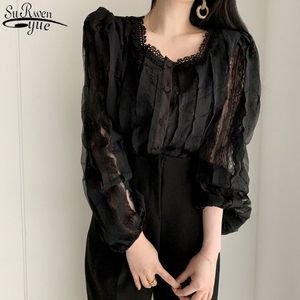 Spring Korean Retro Sweet Long Sleeve Lace Shirts See Through Square Collar Women's Blouse Katoen met knoppen 13340 210427