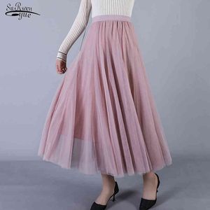 Primavera estilo coreano 4 colores cintura elástica faldas sólidas para mujer Casual Maxi malla falda larga mujer Falda plisada Jupe 9840 210518