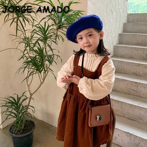 Lente koreaanse stijl baby meisje 2-pcs sets dame wit shirts + corduroy sling boog jurk kinderkleding E517 210610