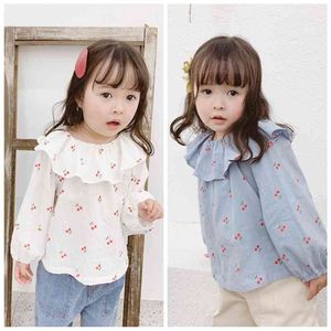 Printemps style coréen bébé filles grand col rabattu cerise blouses 1-5 ans jolie fille lâche chemises décontractées enfants vêtements Tops 210708