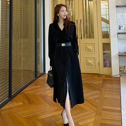 Printemps Style coréen Femmes Plus Taille Noir Split Chemise Robe À Manches Longues Épais Chaud Élégant Ceinturé Slim Party 210529