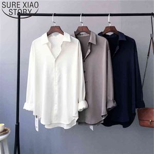 Lente Koreaanse versie OL Stijl Polo Collar Effen Cardigan Dames Tops Vintage Losse Witte Women Shirts met lange mouwen 8448 50 210508