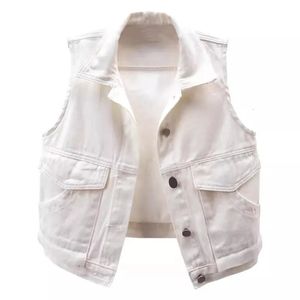 Lente Koreaanse witte denim Vest vrouwen student vest slanke korte cowboy mouwloze jas casual vrouwelijke pocket jean jas w225 240415