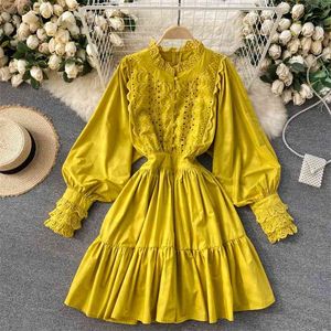 Printemps Dentelle Fleur Robes Femmes Lanterne Manches Taille Minceur Simple Boutonnage Large Hem Midi Robe GK124 210506