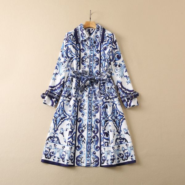 Printemps Revers Cou Paisley Imprimé Ceinturé Trench-Coat Bleu Bleu et Blanc Porcelaine Boutons À Manches Longues Simple Boutonnage Long Outwear Manteaux S2O08CT Plus La Taille XXL