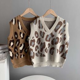 Lente Leopard Print V-hals Mouwloos Vest Dames Gebreide Losse Korte Casual Vest 210709