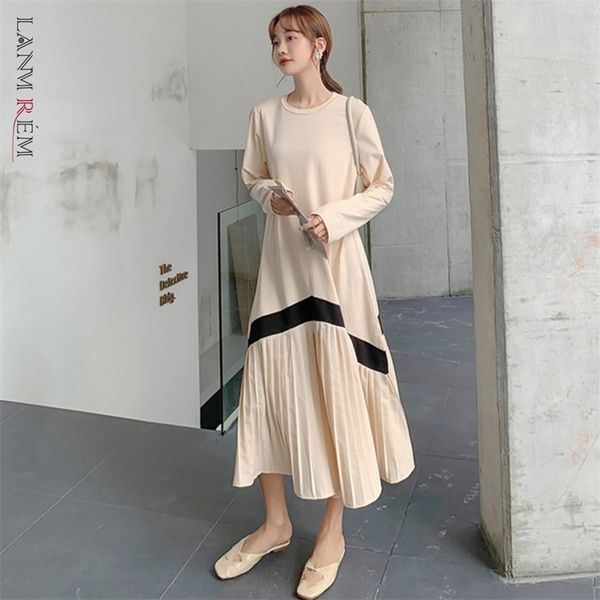 Printemps ligne motif plissé col rond manches courtes style coréen décontracté mi-mollet longueur robe pour les femmes 2A3009 210526