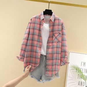 Lente lange mouwen blouse shirts vintage losse vrouwelijke plaid casual straat dame Koreaanse oversized 210510