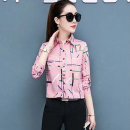 Printemps à manches longues en mousseline de soie Blouse coréenne décontracté femmes chemises streetwear élégant bureau chemise de grande taille dames imprimer hauts 240102