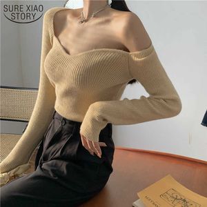 Lente lange mouw gebreide tops franse stijl trui vierkante nek sexy tops vrouwelijke geribbelde slanke stretch winter kleding vrouwen 210527