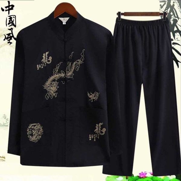 Traje Tang de algodón de manga larga de primavera para hombre, uniformes de kungfú masculinos chinos tradicionales, ropa informal, camisas de Tai Chi, conjunto Hanfu suelto X0610