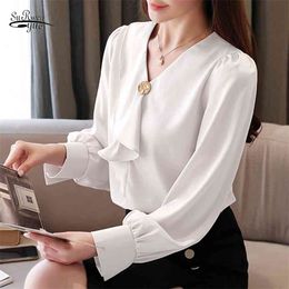 Spring Long Mouw Shirt Office Lady Kleding Solid Losse Vrouwen Tops en Blouse Mode V-hals Chiffon 8700 50 210506