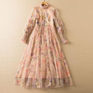 Lente lange mouw stand kraagjurk multicolor tule bloemen borduurwerk lage maxi elegante casual jurken 21d161117
