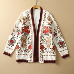 Lente lange mouw v nek witte trui paisley print gebreide borduurwerk panelen Cardigan mode sweaters jassen 21d161103