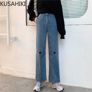 Printemps amour coeur jean pantalon coréen taille haute femmes pantalons longs casual mode Demin jambe large 6F249 210603
