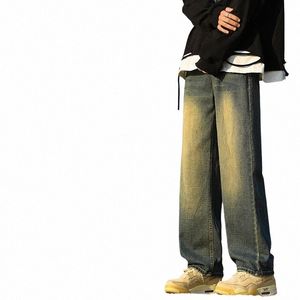 Printemps Homme Nouveau Harajuku Baggy Jeans Fi Rétro High Street Hip Hop Pantalon droit jambe large Y2K Marque Vêtements M6di #