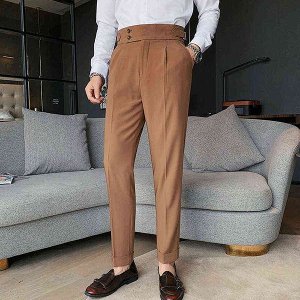 Pantalones de cintura alta de primavera para hombre, pantalones de traje informales de negocios de Inglaterra sólida, pantalones rectos ajustados para hombre, vestido de novia blanco J220629