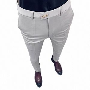 Pantalones de primavera para hombre, pantalones ajustados coreanos ajustados para hombre, pantalones informales hasta el tobillo, ropa de calle para hombre, traje negro y gris de alta calidad, pantalón para hombre O3JN #