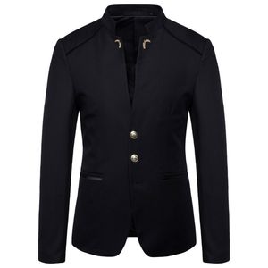 Spring heren mode knop decoratieve blazer jas Chinese stijl slanke fit stand kraag vaste kleur pak jas 220504