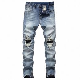 Lente mannen Gescheurde Slanke Jeans Unieke Been Ong Rits Stretch Distred Denim Broek Mannelijke Casual Rechte Cowboys Broek i1RF #