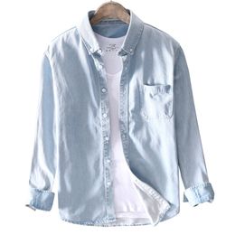 Camisa de mezclilla de solapa delgada de primavera para hombres Camisa de manga larga casual de moda de alta calidad Color sólido Algodón clásico Talla grande Top 220516