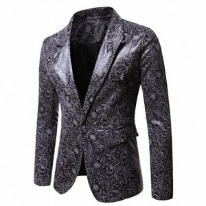 Printemps Hommes Surface Lumineuse Blazer Veste Fi Col Châle Un Costume Fesses Blazer Hommes Impression Scène Chanteur Costume Homme A30k #