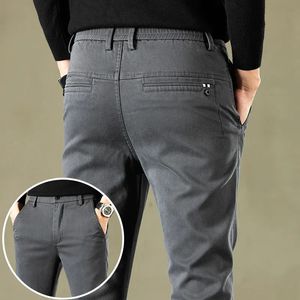 Spring heren Casual broek merk kleding zakelijke elastische taille dikke klassieke slanke broek mannelijk zwart grijs wenkbrauwen 240408