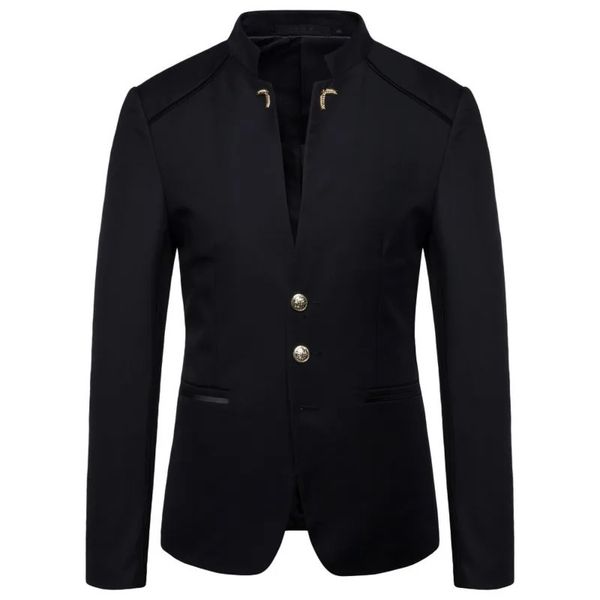 Printemps hommes mode bouton décoratif Blazer manteau Style chinois coupe ajustée col montant couleur unie costume veste 240313