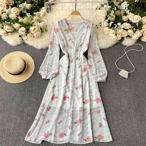 Modèles de printemps Vestidos français Femmes Port Tempéramment V-Col V-Col Voue Slim Mousseline Midi Robe Midi GK366 210506