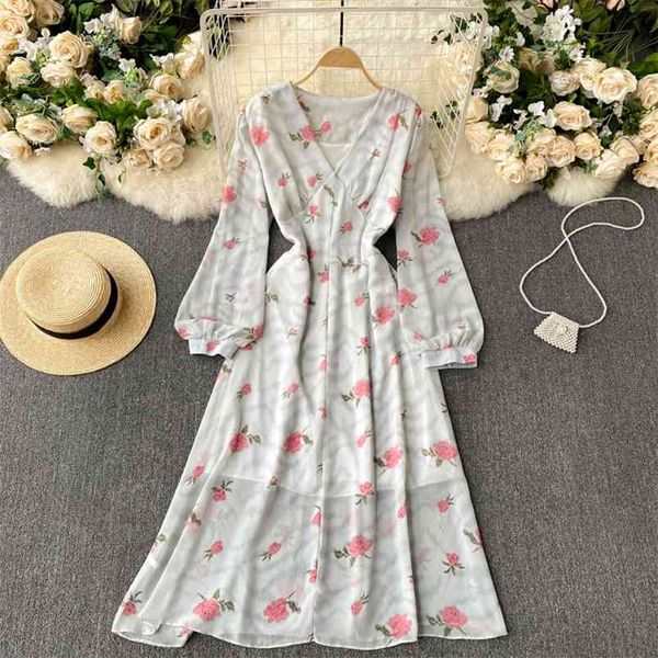 Modèles de printemps Vestidos français Femmes Port Tempéramment V-Col V-Col Voue Slim Mousseline Midi Robe Midi GK366 210506