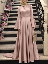 Spring moslim tdress zanzea vrouwen elegante lange flare mouw satijnen jurk casual ramadan urkey abaya hijab zonsondergang gewaad femme 240329