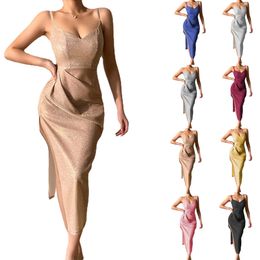 Lente nieuwe aankomst Europese en Amerikaanse stijl Elegante lange jurk van glinsterende sexy charmante solide kleur lovertjes diep V-hals splitstaartjurk AST89134