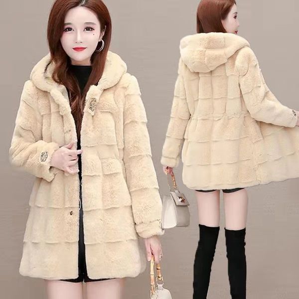 Primavera New Danish Mink Coat Women's Fure Fur Fuel Mid-longitud Media con capucha Rhinodiamond-Wists Fashion