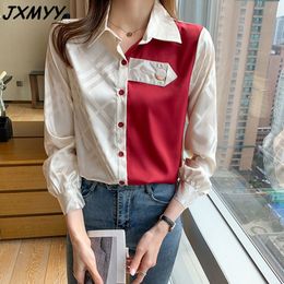 Primavera nuevo diseño contraste color costura manga larga satén camisa blusa temperamento nicho JXMYY 210412