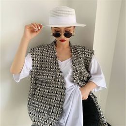 Spring Design Women Fashion Houndtooth Mouwess Vesten Jacket Outdars Casual Brand Waistcoat Gilet Femme 201031
