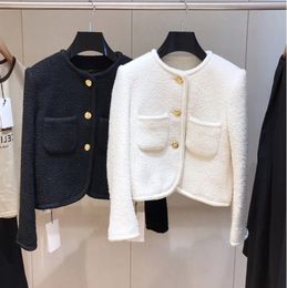 Primavera NUEVO diseño Jackets para mujer Fashion O-Ececia en blanco blanco Color sólido Soleve Long manga O-Conta de tweed de tweed de tweed de lana corta SML