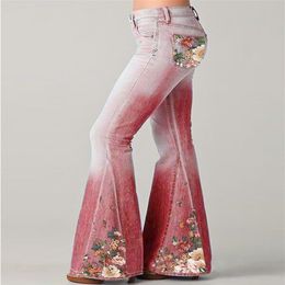 Printemps nouvelle mode jean dégradé fleur imprimé Imitation Denim cloche bas femmes taille haute pantalons longs grande taille femmes pantalon H257f
