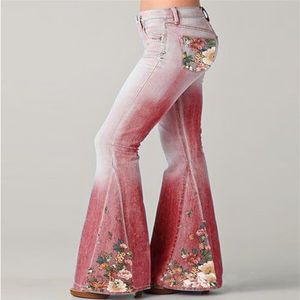 Primavera nueva moda Jeans gradiente estampado de flores imitación Denim Bell Bottoms mujeres cintura alta pantalones largos tallas grandes pantalones de mujer H257f