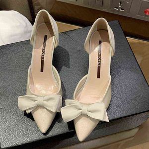 Spring New Hollow Casual Bow Single Shoes Wine's Wine Glass met mode High Heel Sandalen Vrouwen G220527