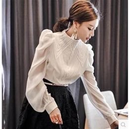 Lente nieuwe Koreaanse mode dameskraag met lange mouw puff puff mouw borduurwerk kanten lader patchwork chiffon ol blouse shirt278h