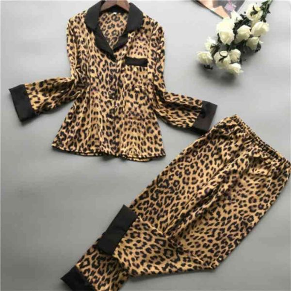 Printemps nouveau pyjama à manches longues femme glace soie mode imprimé léopard Sexy pyjama ensemble femmes vêtements de nuit Lingerie dentelle pyjama 210330