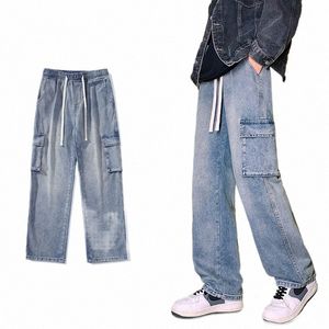 Spring New Man Taille élastique Cargo Baggy Jeans High Street Pantalon droit Y2K Salopette multi-poches Fi Pantalon à jambes larges S2Lj #