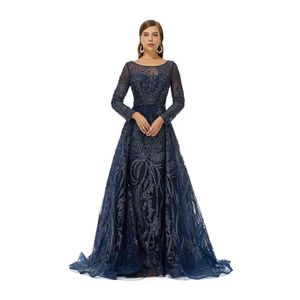 Printemps nouvelle robe en dentelle taille moyenne bleu Vintage élégant lumière luxe soirée robe de bal YLZ70031