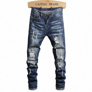 Spring New Retro Jeans Élastique Slim Petits pieds High Street Hip-Hop Fi Ripped Hole Denim Pantalon Homme H8Jq #