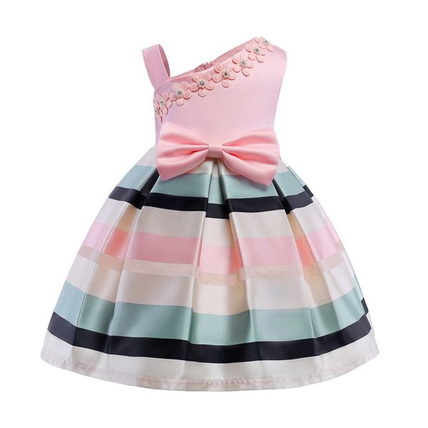 Primavera nuevo estilo niñas perla flores vestido de cóctel correa de hombro vestido de rayas ropa para niños fiesta de boda Formal Q0716