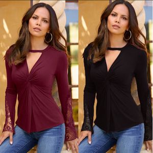 Spring New Women's Cothing Blouse Sexy V Kant Long Mouwen Trui T-shirt voor vrouwen