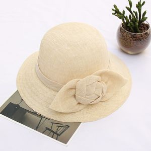 Spring Nieuwe Vrouwen Floppy Linnen Zonhoed met Floral Bow Bride Brim Caps Beach Travel Sun Hats UV-bescherming